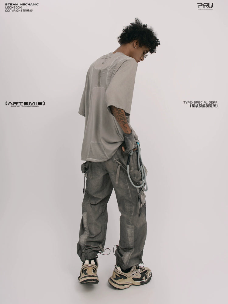 STARFIELD WELDER lunar sea gray distressed mesh tee — full-length styled view