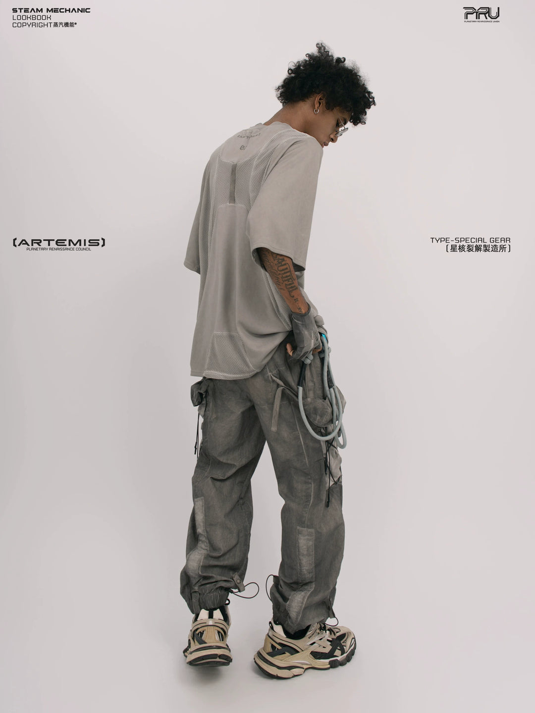 STARFIELD WELDER lunar sea gray distressed mesh tee — full-length styled view