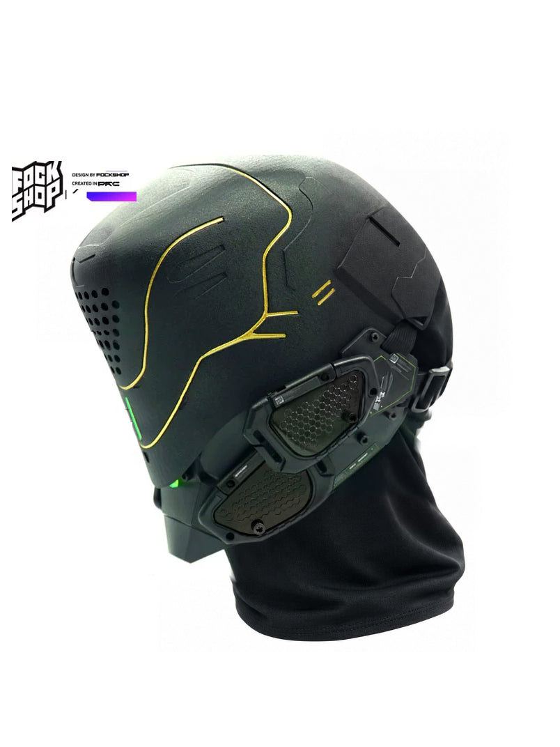 FOCKSHOP PROPHECY illuminated cyber mask — clean gold line + black panels product view