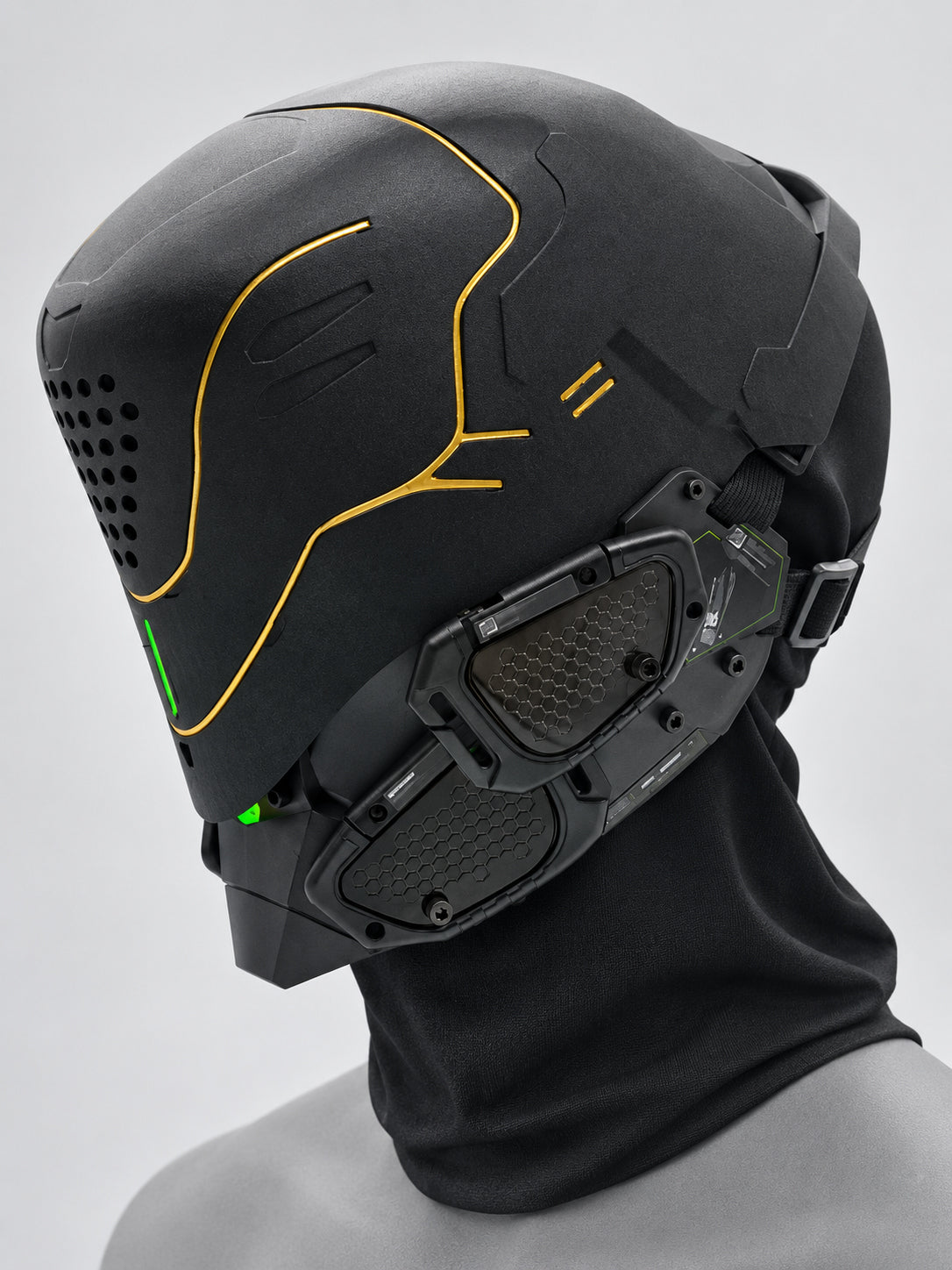 FOCKSHOP PROPHECY illuminated cyber mask — clean gold line + black panels product view
