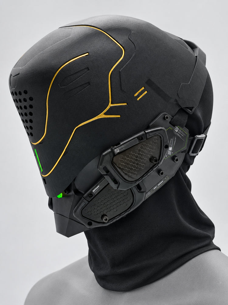 FOCKSHOP PROPHECY illuminated cyber mask — clean gold line + black panels product view