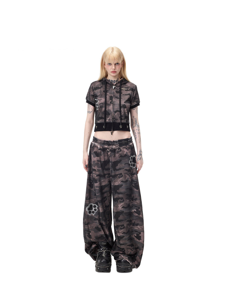 PINKSPINK CATPAW rhinestone curved-leg sweatpants in gray-brown camouflage — centered full-length front modeled view with the separate matching hoodie