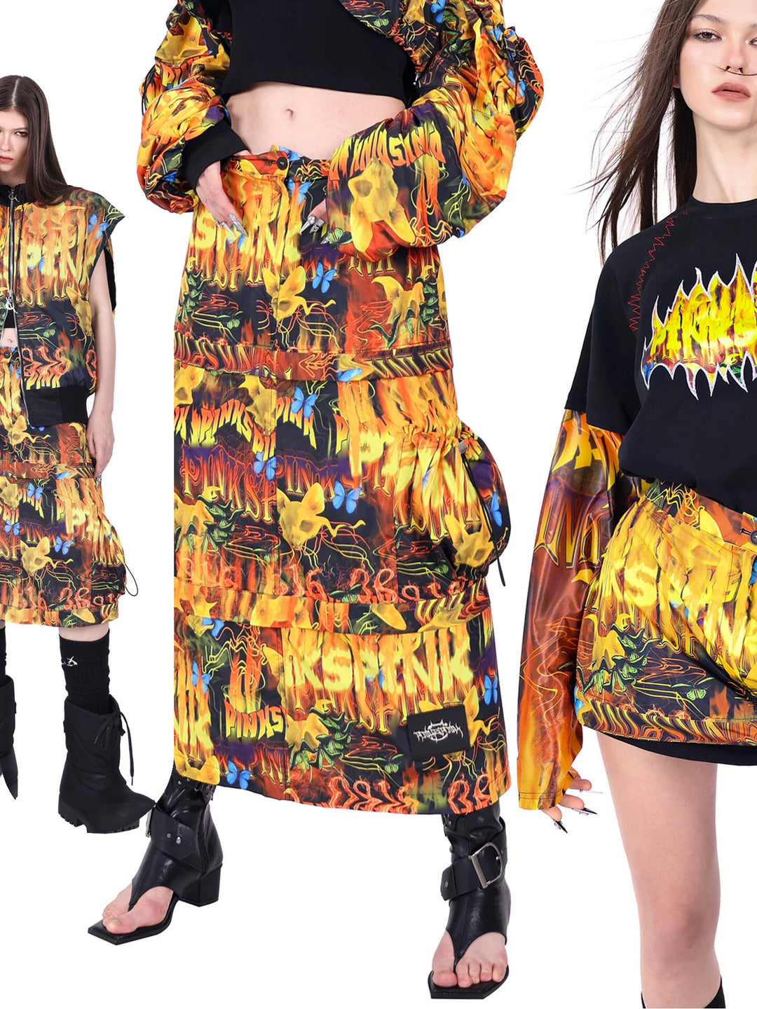 PINKSPINK FIRE CAT convertible zip A-line skirt — cleaned hero collage showing the complete design