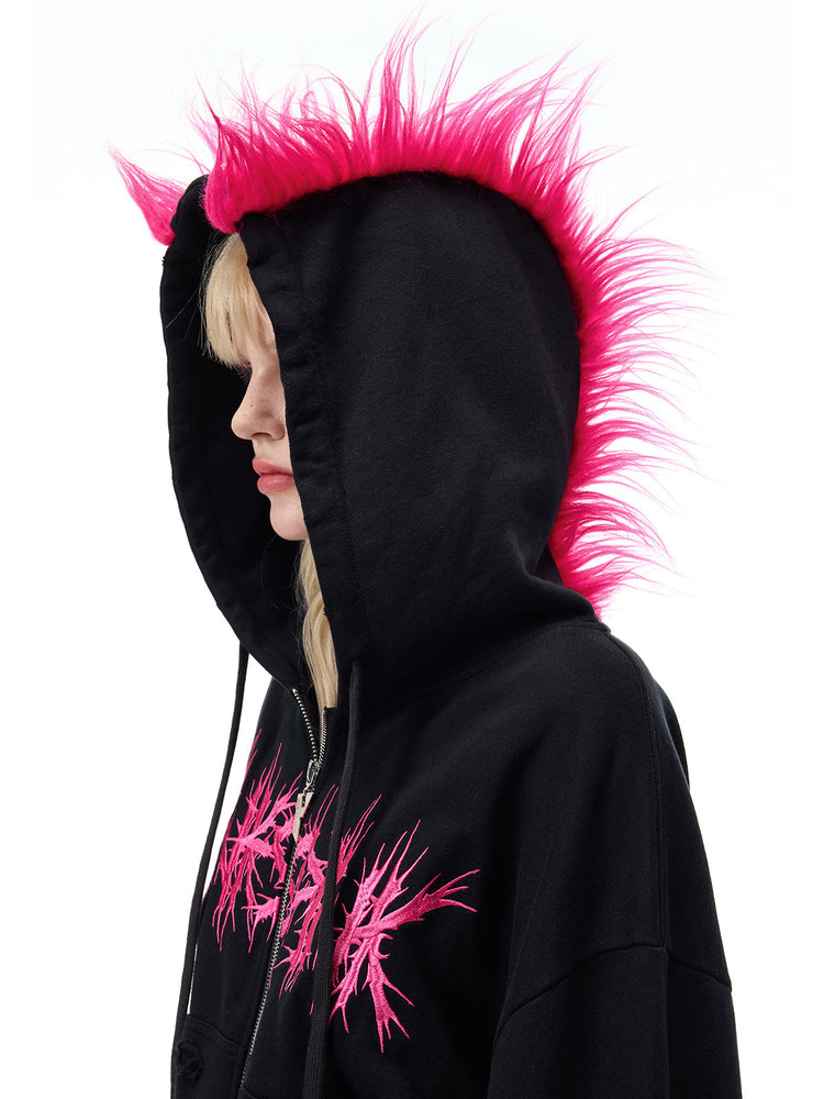 PINKSPINK MOHAWK RITUAL studded zip-up hoodie — side close-up of mohawk hood