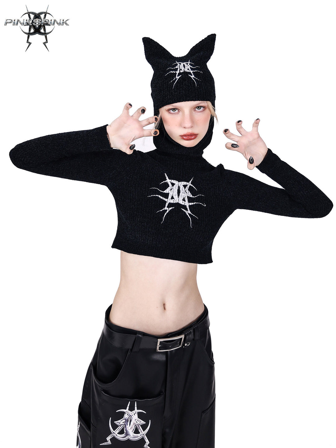 PINKSPINK ELECTRIC MOON fitted cat-ear hood sweater — product detail view showing texture and hardware