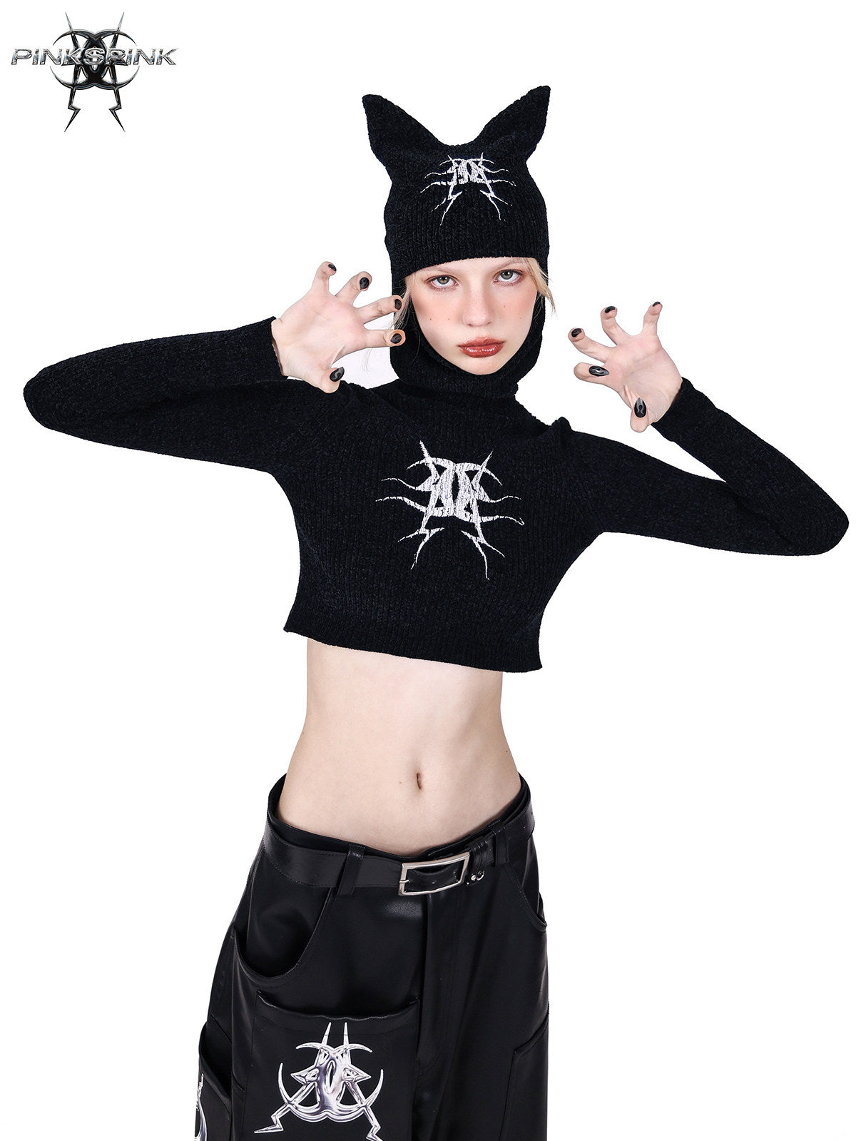 PINKSPINK ELECTRIC MOON fitted cat-ear hood sweater — product detail view showing texture and hardware