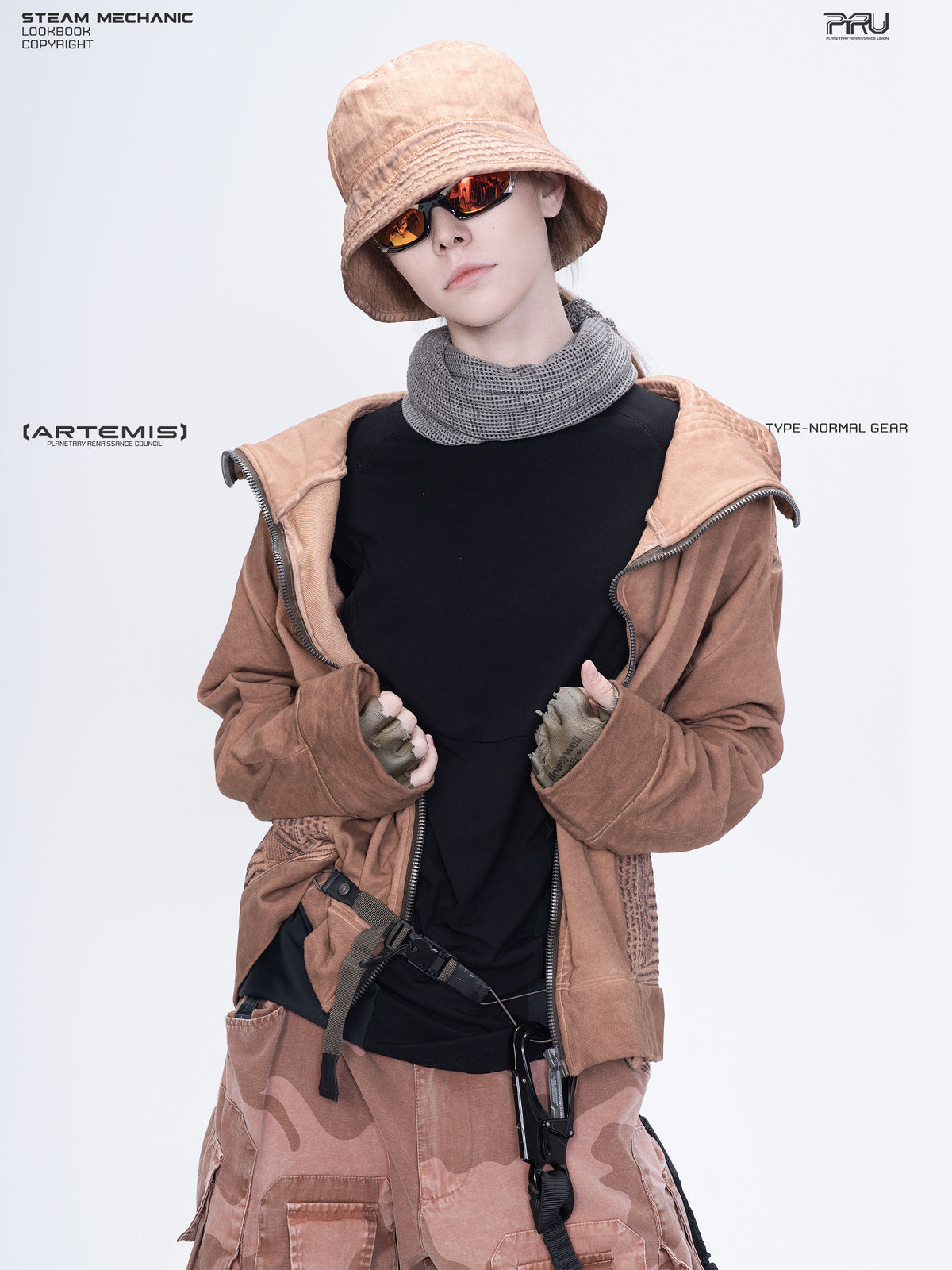 PIONEER venus orange distressed nylon bucket hat — front portrait with sunglasses showing the washed orange crown