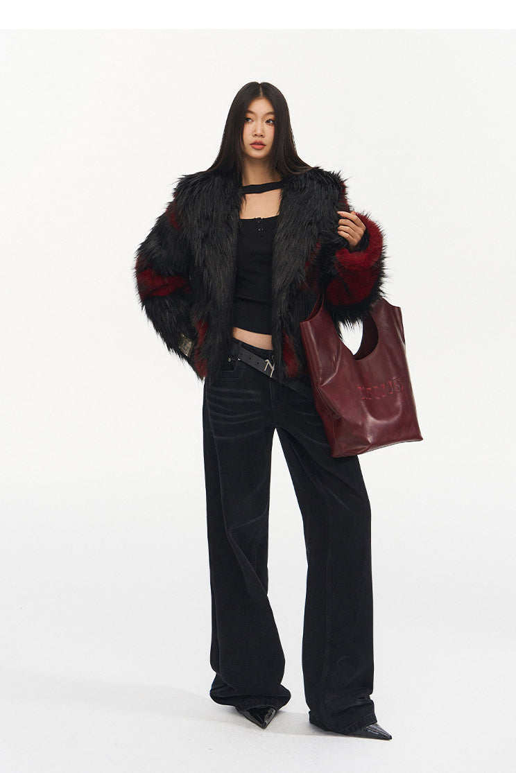 NAWS NIGHT GARDEN faux-fur jacket — modeled detail view of the garment construction