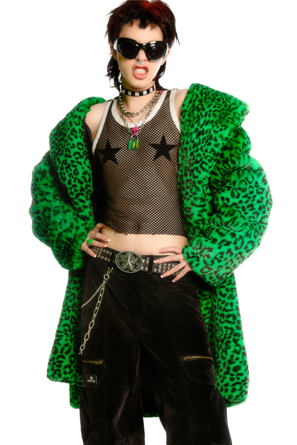 DEADENDKIDS LEOPARD RIOT long faux-fur coat & hat — full-length modeled view