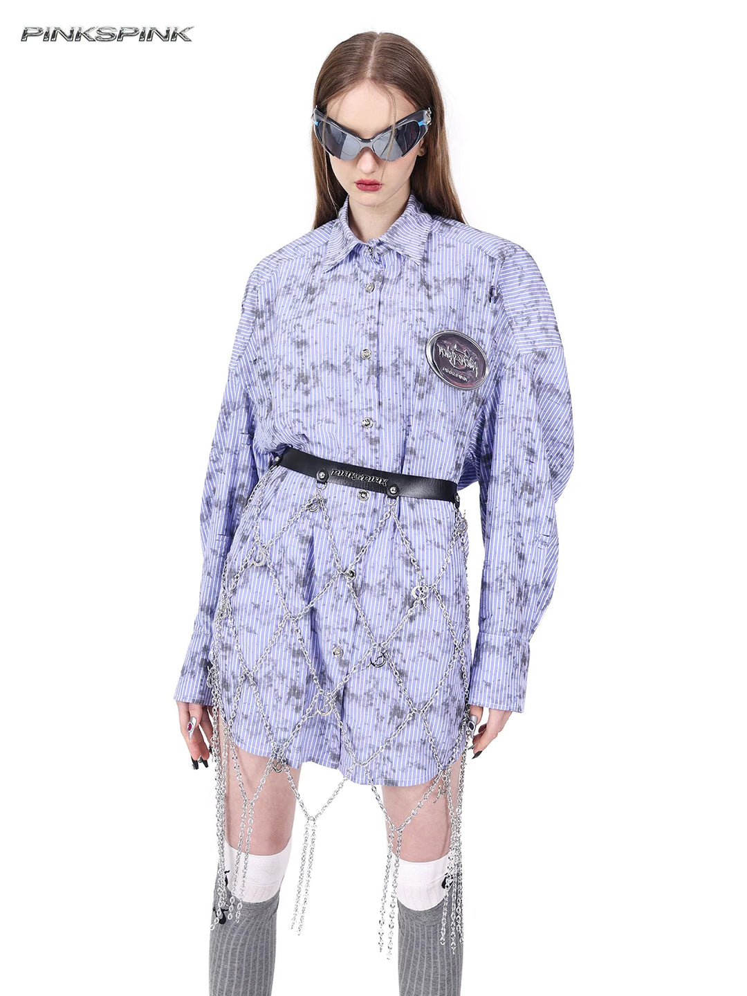 PINKSPINK ELECTRIC MOON diamond-chain belt skirt in black and silver — closer front modeled view layered over a purple shirt
