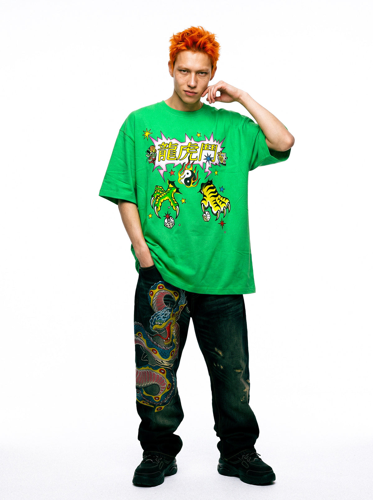 DEADENDKIDS TIGER DRAGON oversized graphic tee — alternate styled presentation