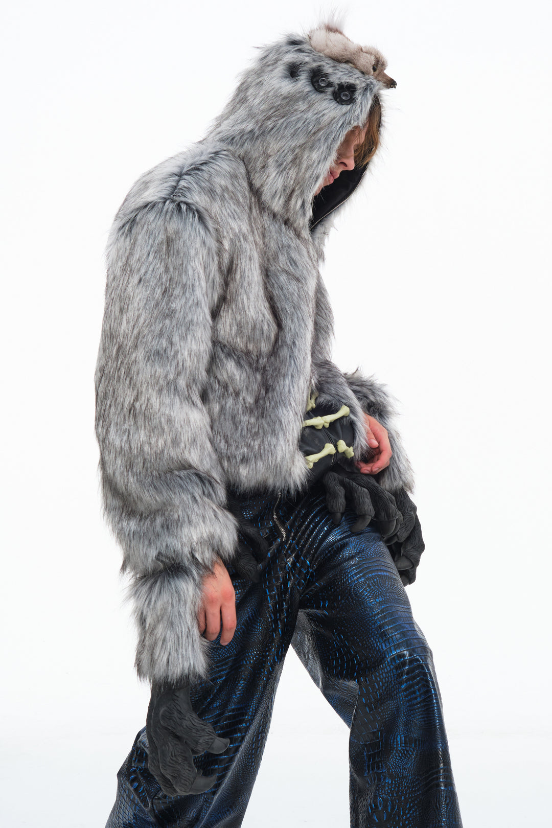 EMBRYO ANIMAL SHELL hooded faux-fur jacket — close modeled view
