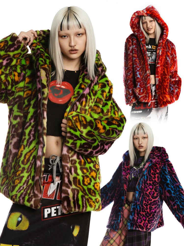 DeadEndKids leopard-print faux-fur hooded jacket in all three colorways — collage showing all three colorways