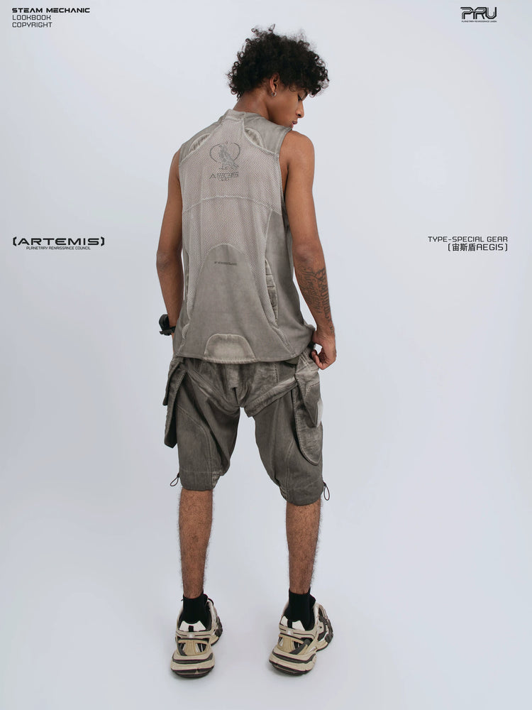 AEGIS lunar sea gray distressed mesh tank — material and silhouette detail
