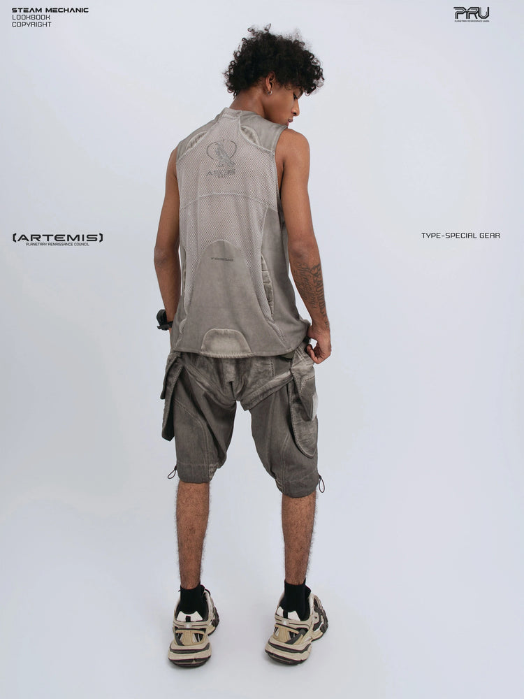 AEGIS lunar sea gray distressed mesh tank — full-length back modeled view