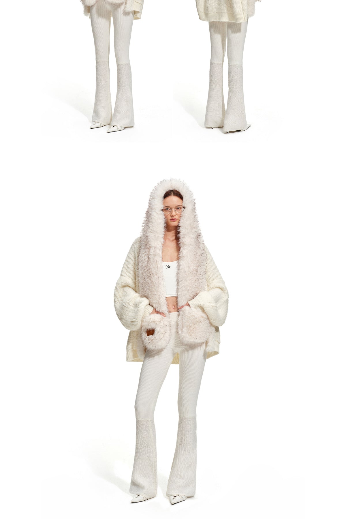 NAWS ARCTIC shearling-collar wool-mohair cardigan — modeled detail view of the garment construction
