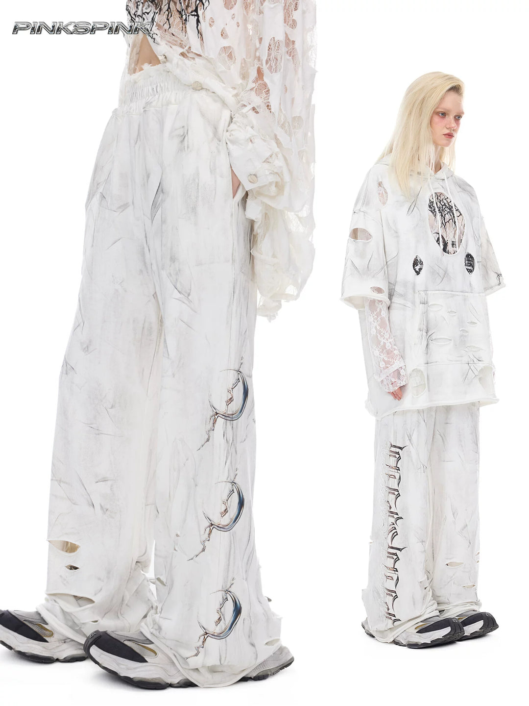 PINKSPINK ELECTRIC MOON coated distressed flare sweatpants — cleaned hero collage showing the complete design
