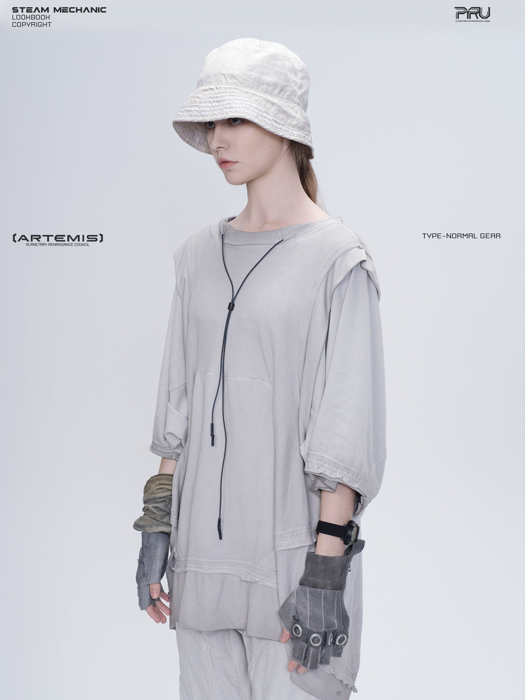 PIONEER eris white distressed nylon bucket hat — left three-quarter modeled view showing the sloping brim