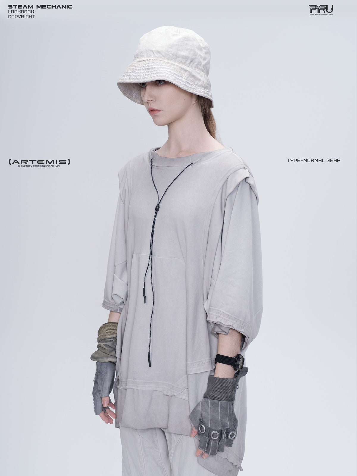 PIONEER eris white distressed nylon bucket hat — left three-quarter modeled view showing the sloping brim