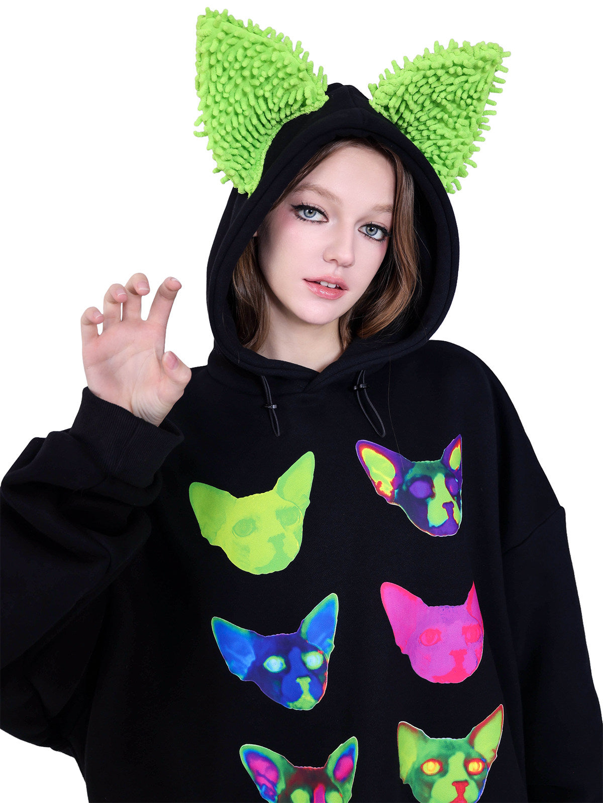 PINKSPINK SPHYNX electronic-print cat-ear hoodie — full-length modeled styling view