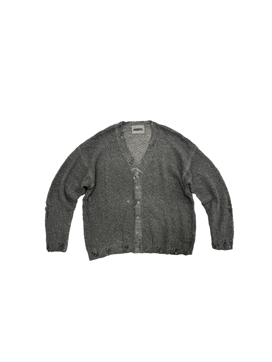 PIONEER moon dust gray moon-protection distressed sweater — front flat-lay view showing the gray knit, V-neck and distressed button placket