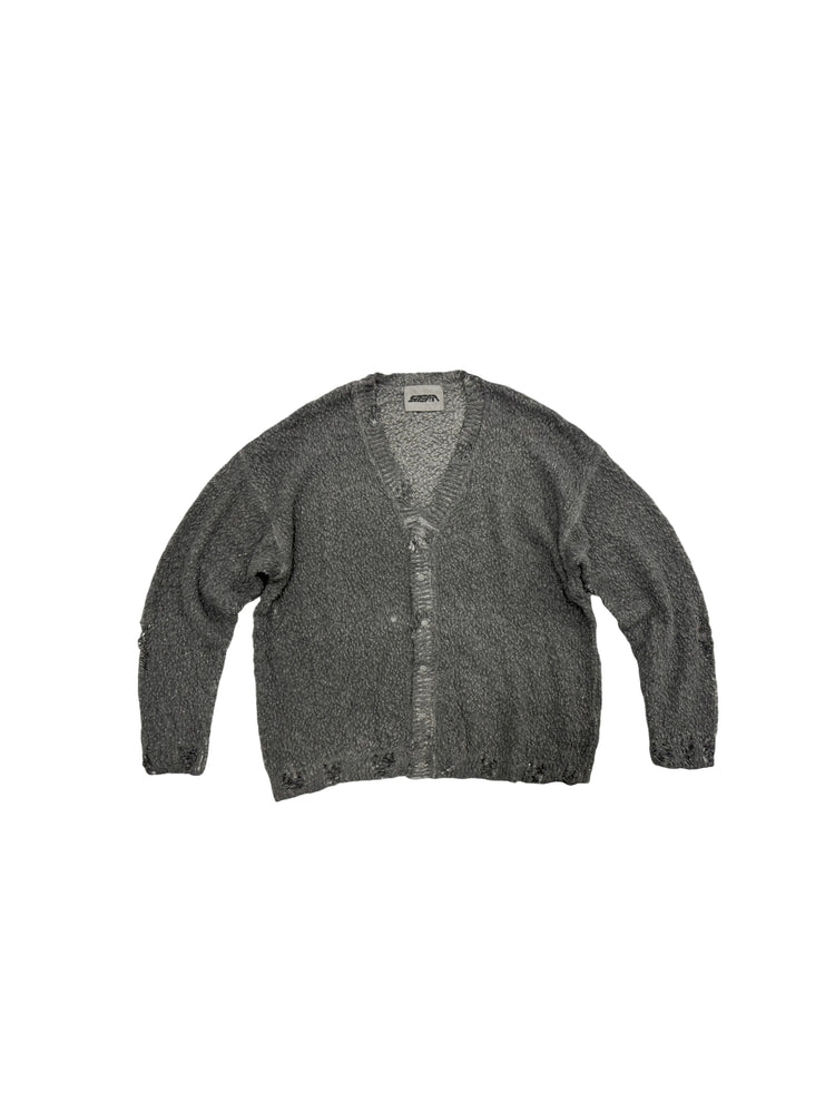PIONEER moon dust gray moon-protection distressed sweater — front flat-lay view showing the gray knit, V-neck and distressed button placket