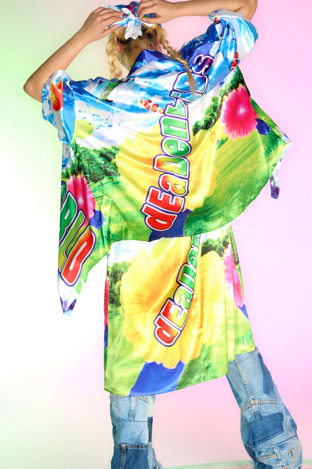 DEADENDKIDS ISLAND GRAFFITI satin-effect shirt — close modeled view