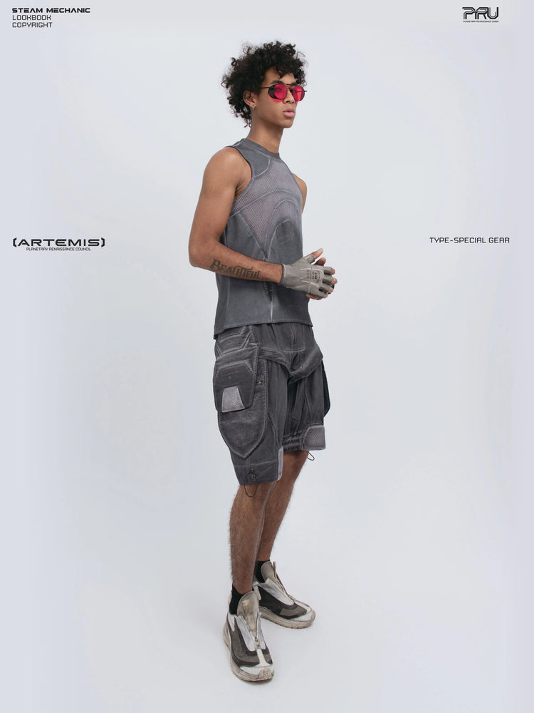 AEGIS stellar blue distressed mesh tank top — full-length side modeled view with clasped hands