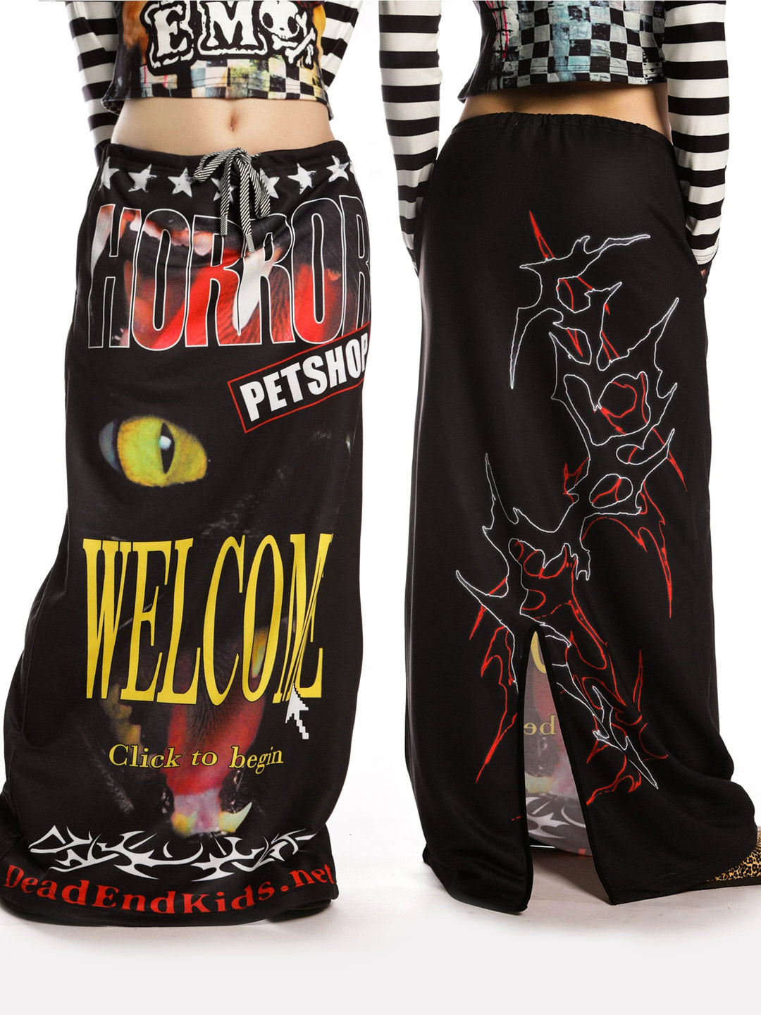 DeadEndKids Horror Petshop black graphic maxi skirt — front and back close views