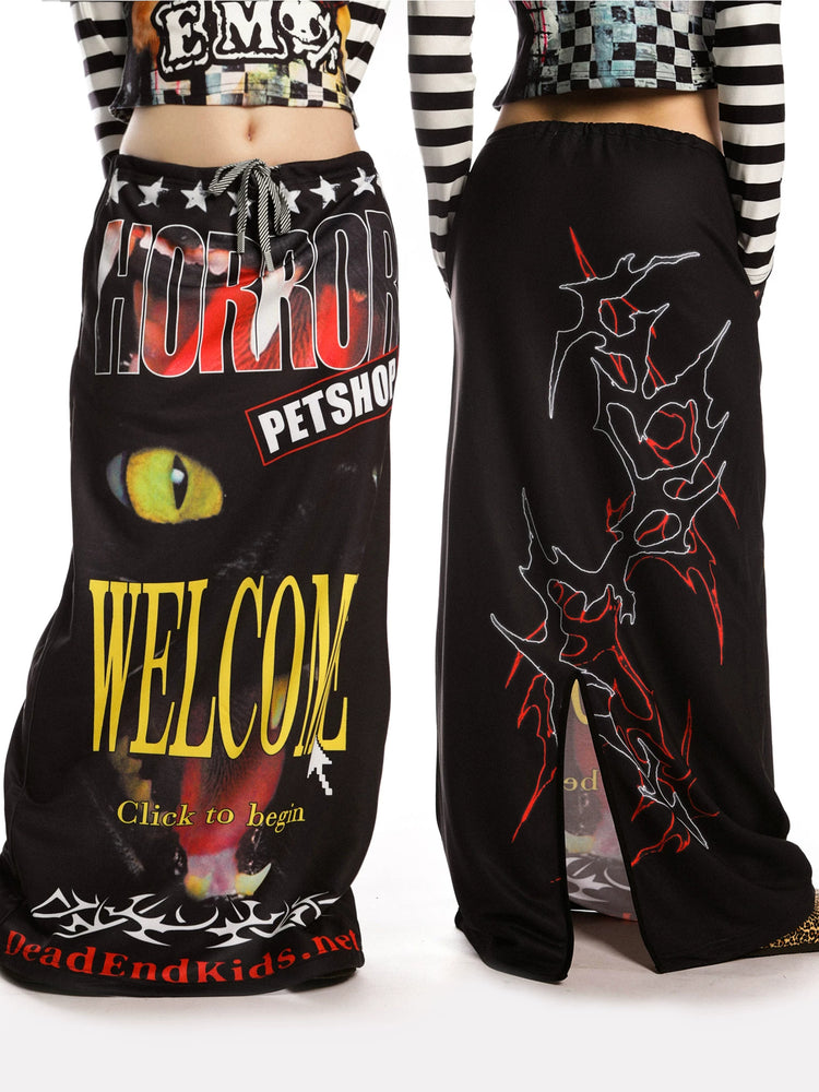 DeadEndKids Horror Petshop black graphic maxi skirt — front and back close views