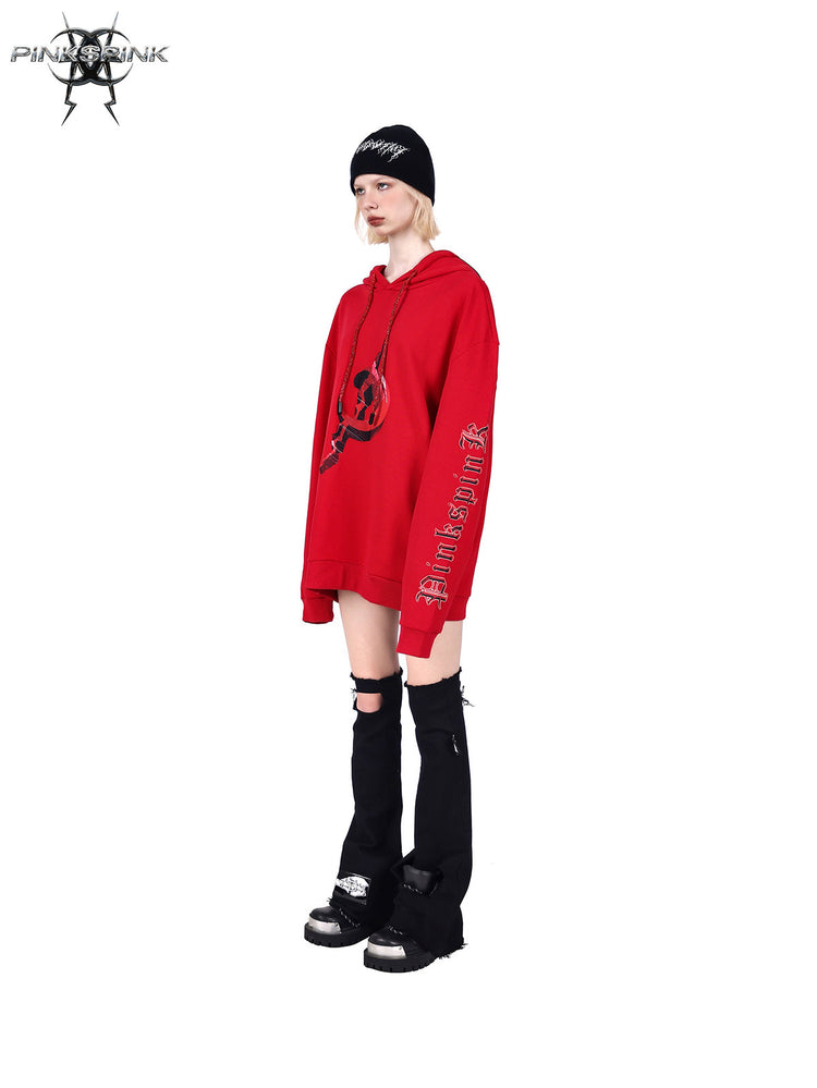 PINKSPINK MIRROR rhinestone-drawcord oversized hoodie — side full-length modeled view in red