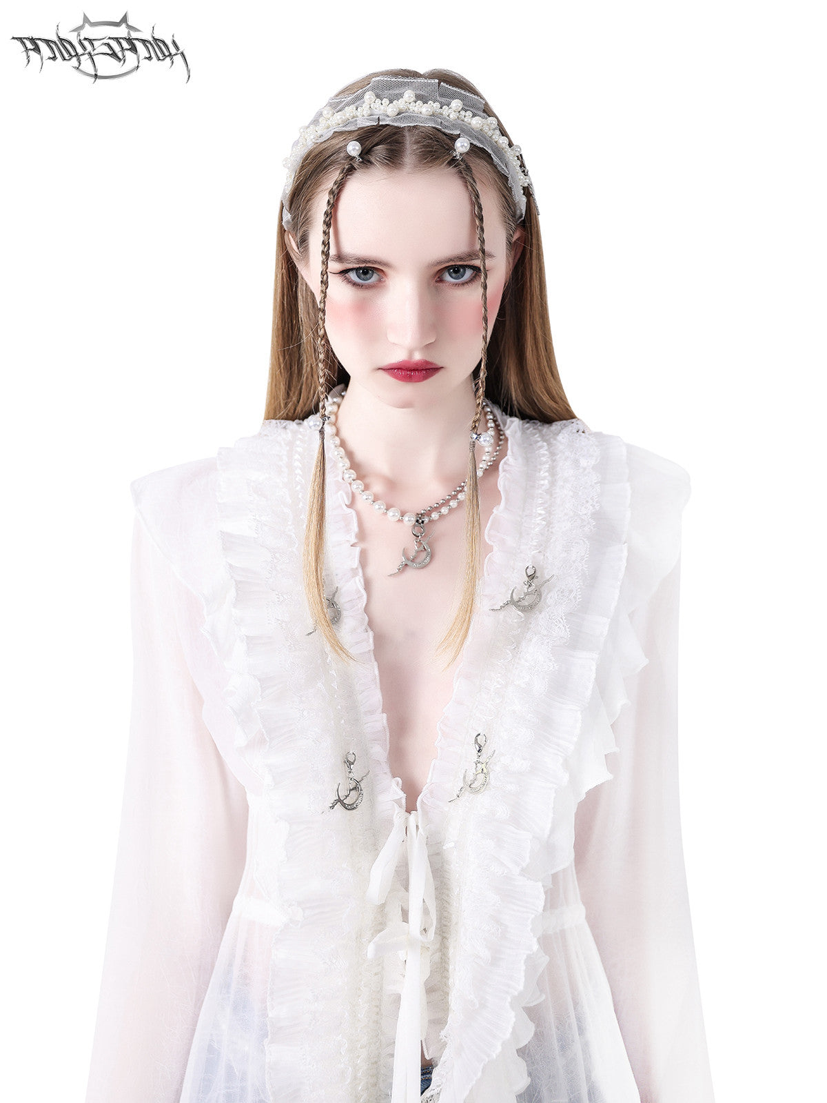 PINKSPINK FAIRY pearl-trim lace headband — front modeled close-up of the lace and beaded headband