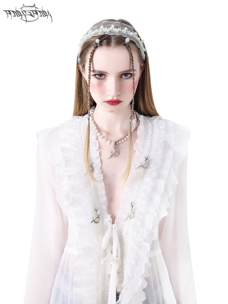 PINKSPINK FAIRY pearl-trim lace headband — front modeled close-up of the lace and beaded headband