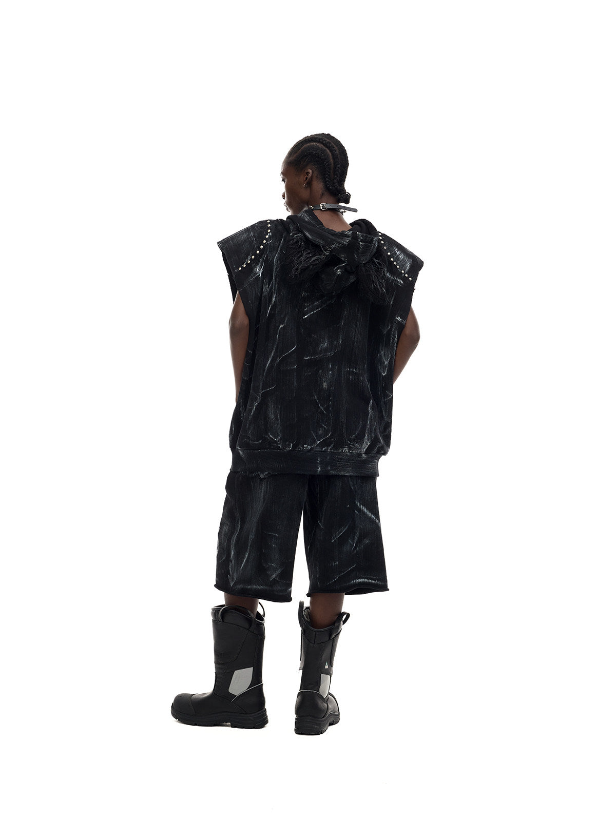 PINKSPINK ELECTRIC MOON studded cat-ear vest in black — rear full-length modeled view with the hood down and relaxed silhouette