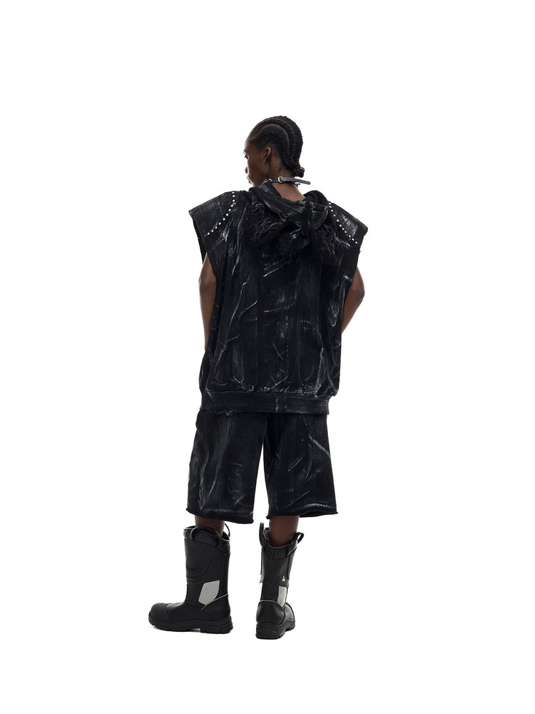 PINKSPINK ELECTRIC MOON studded cat-ear vest in black — rear full-length modeled view with the hood down and relaxed silhouette