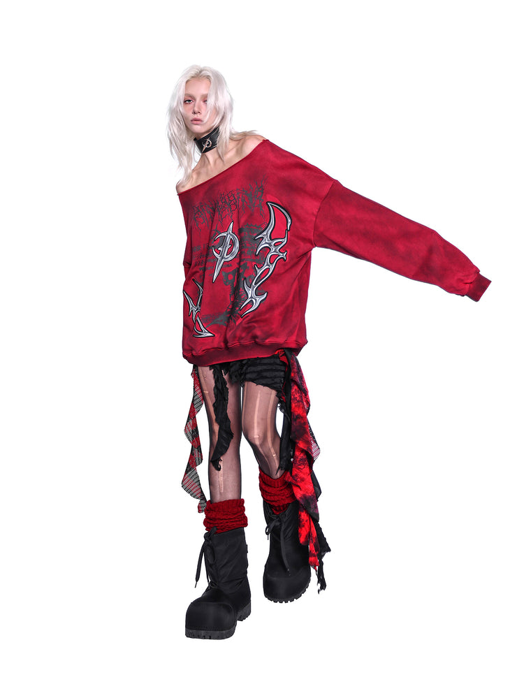PINKSPINK ELECTRIC MOON off-shoulder sweatshirt in RED — full-body view with one arm extended.