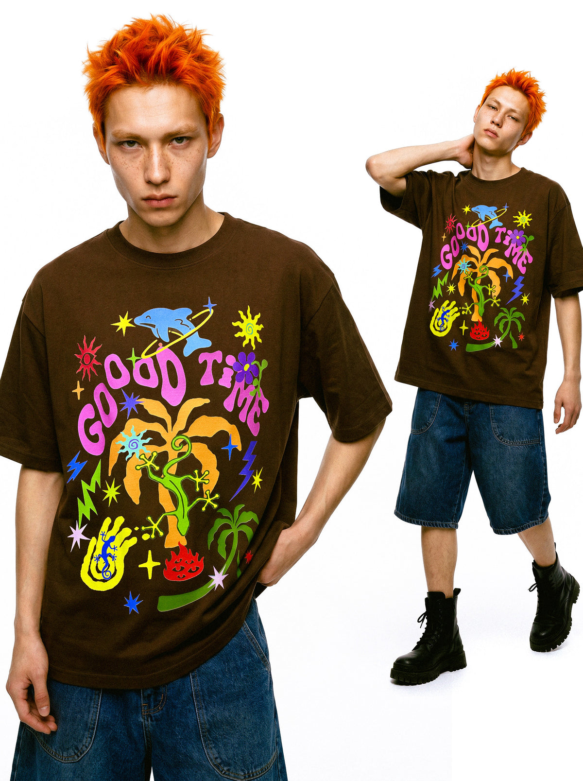 DEADENDKIDS GOOD TIMES oversized graphic tee — rear or construction presentation