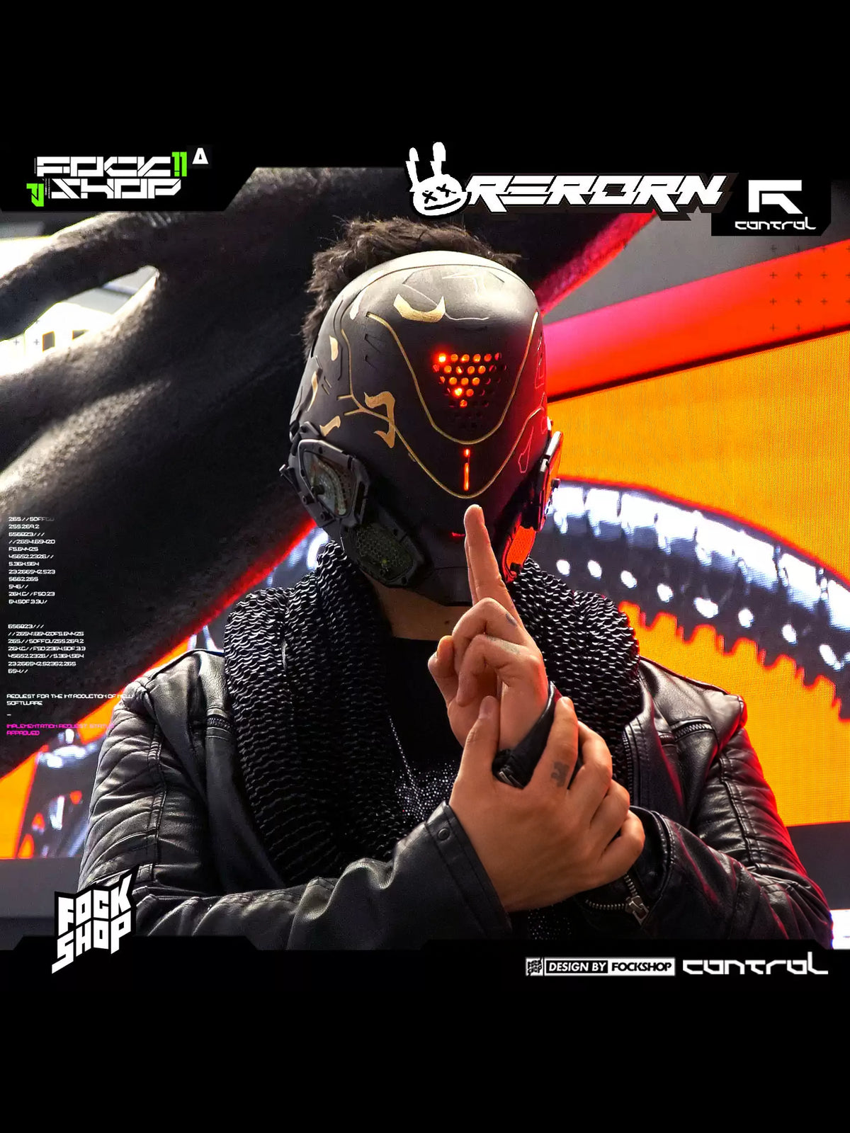 FOCKSHOP PROPHECY illuminated cyber mask — modeled front view with custom gold decoration and red lighting