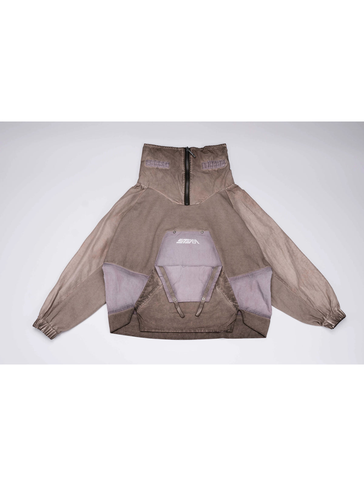 PIONEER venus orange detachable-pocket utility hoodie — front flat-lay view showing the high zipped collar and contrast utility pockets
