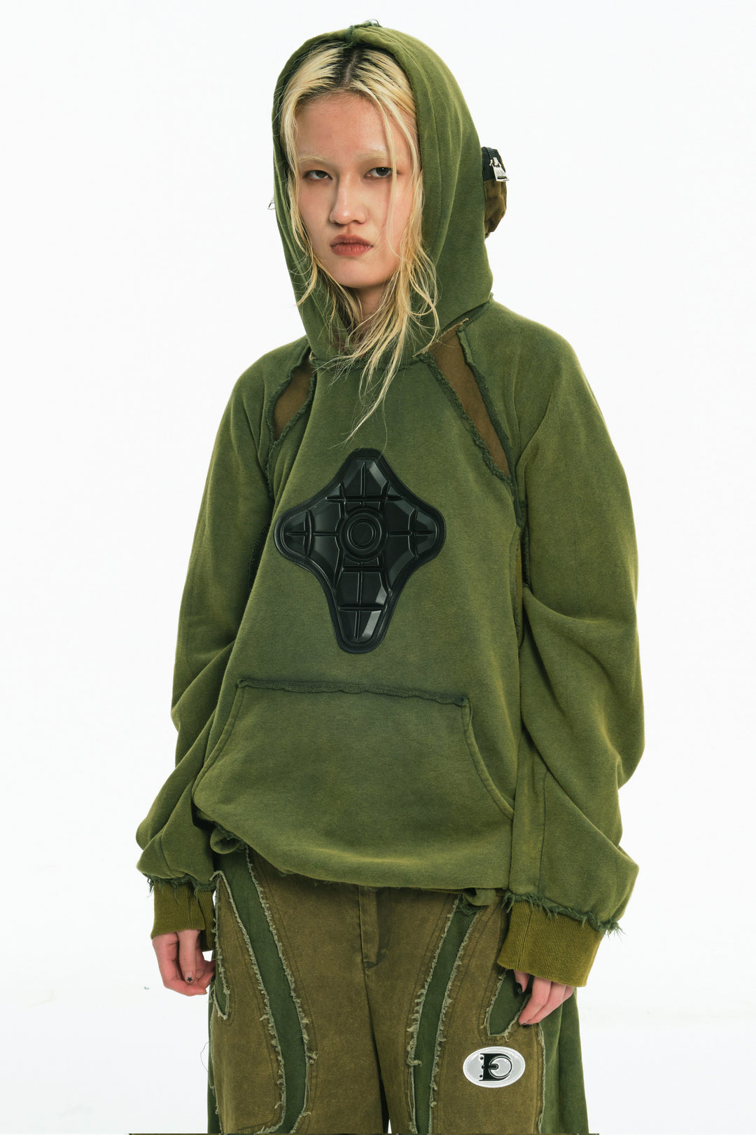 EMBRYO GREEN GUARD distressed armor hoodie — alternate modeled angle