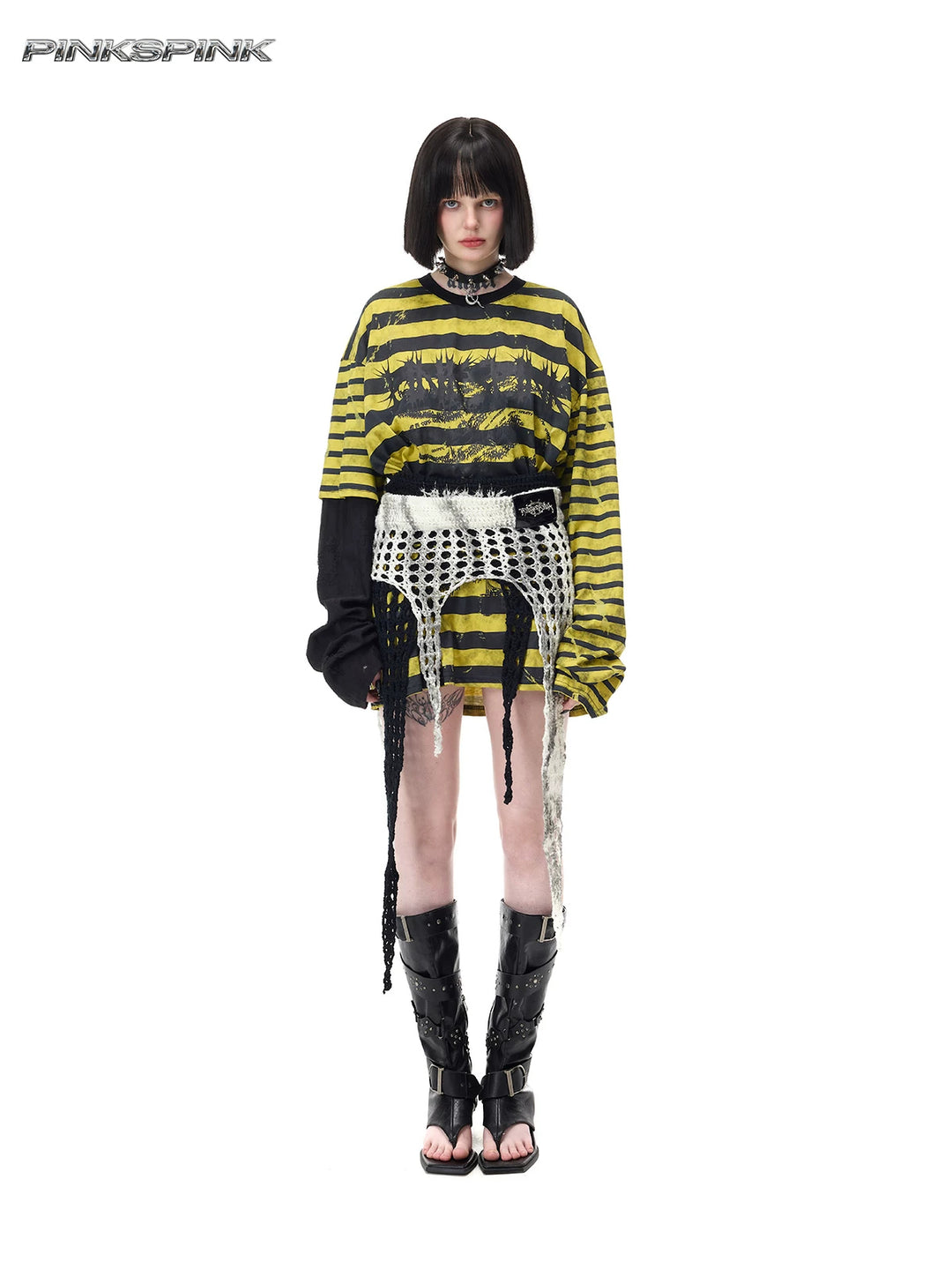 PINKSPINK THORNSTAR open-knit layering skirt in ivory white — full-length front modeled view layered with a separate black skirt over a striped tee