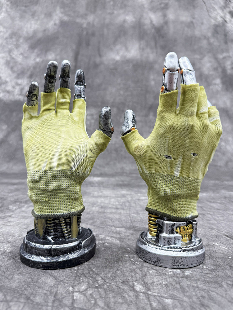 PRECISION CASTING distressed fingerless gloves in nebula green, NO GLUE — uncoated palm and distressed back views on display hands