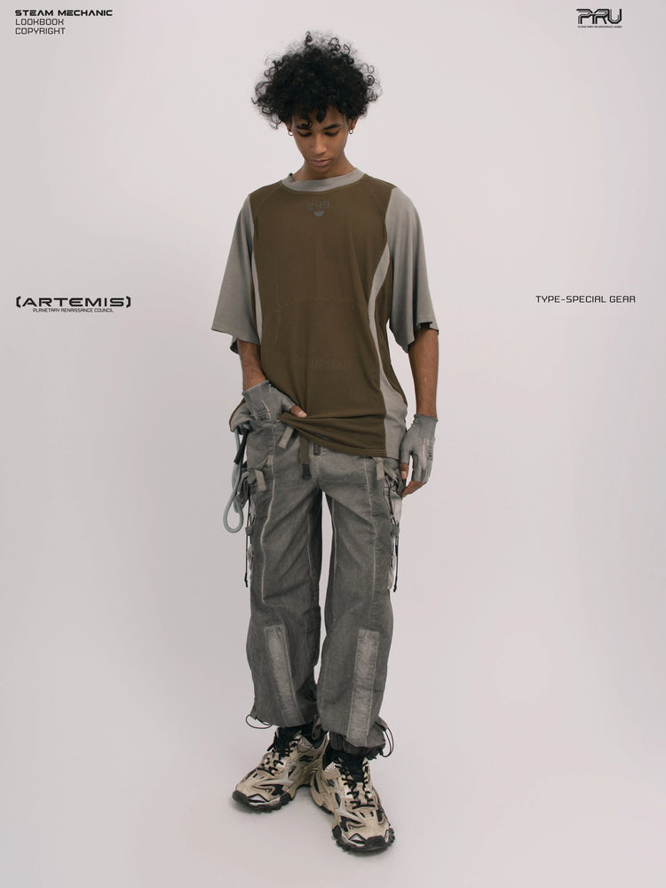 STARFIELD WELDER steel tundra distressed mesh tee — full-length front view looking down