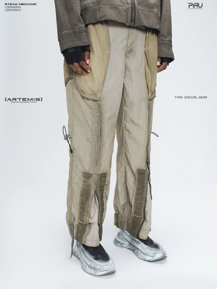 STARCORE mercury brown engineer utility pants — three-quarter front modeled view facing left