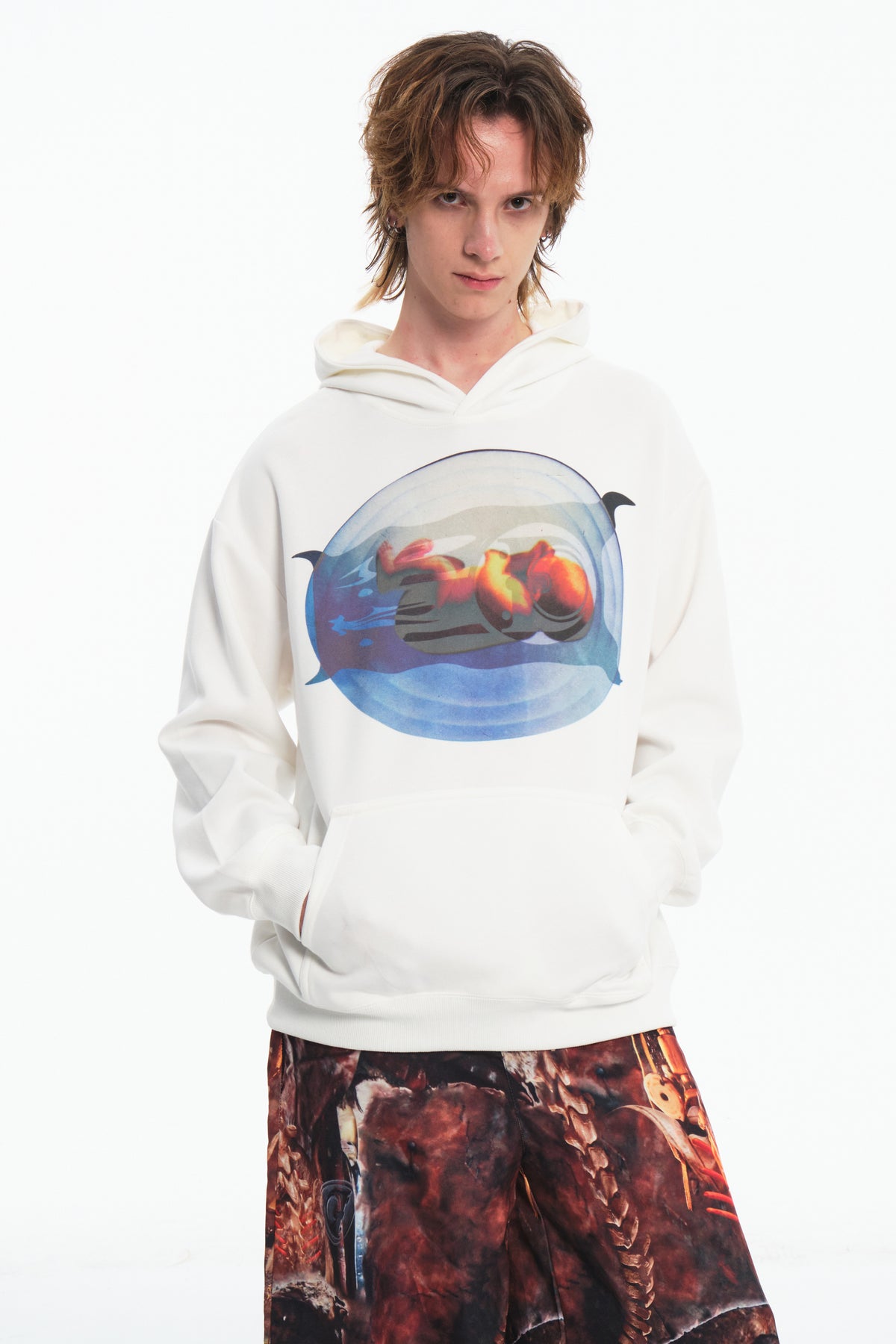 EMBRYO PLAN white graphic hoodie — product-only front view