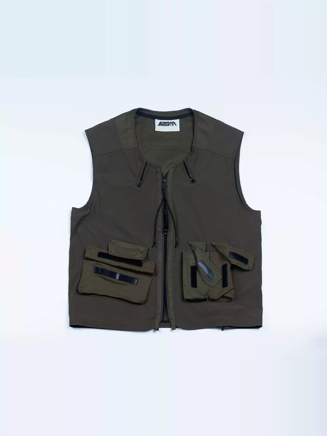 CLERIC utility nylon vest in vine gray green — front flat-lay with open pocket flaps and double-ended zip