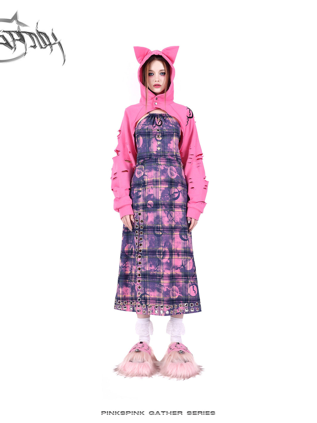 PINKSPINK WASTELAND eyelet plaid halter dress in pink purple — front outfit view with a separate pink cat-ear layer