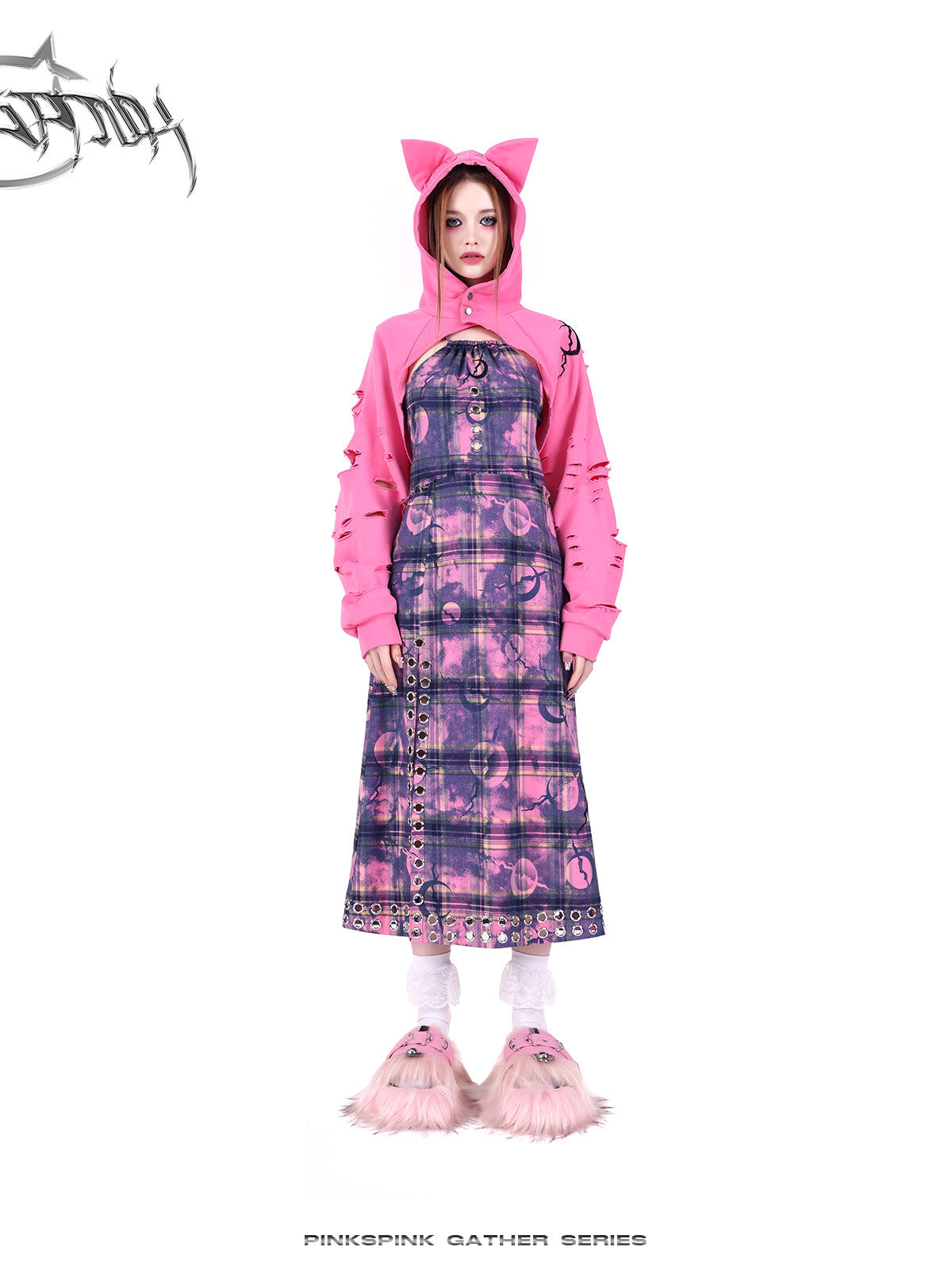 PINKSPINK WASTELAND eyelet plaid halter dress in pink purple — front outfit view with a separate pink cat-ear layer
