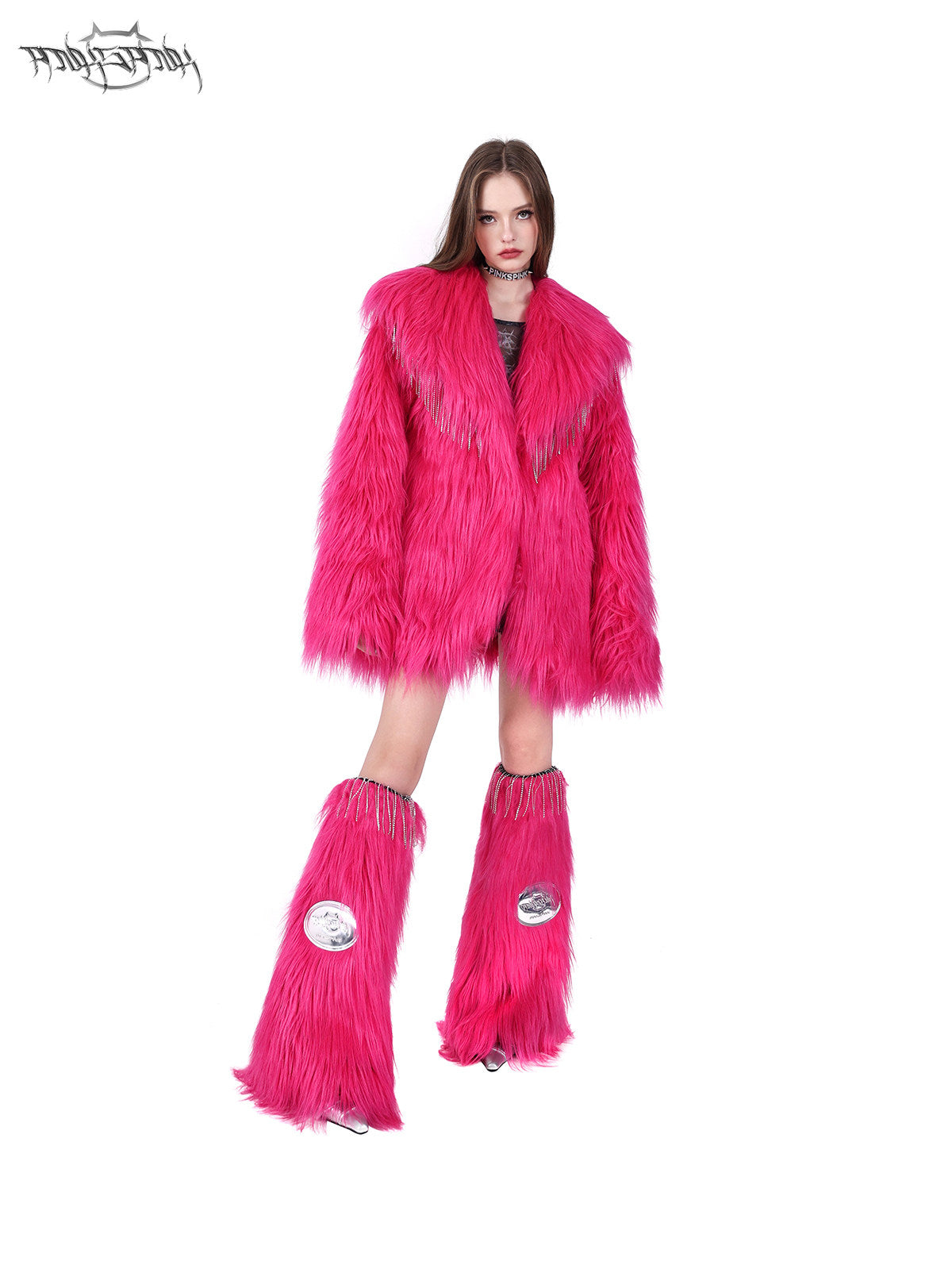 PINKSPINK BARBIE PINK rhinestone faux-fur leg warmers — modeled detail view of the garment construction
