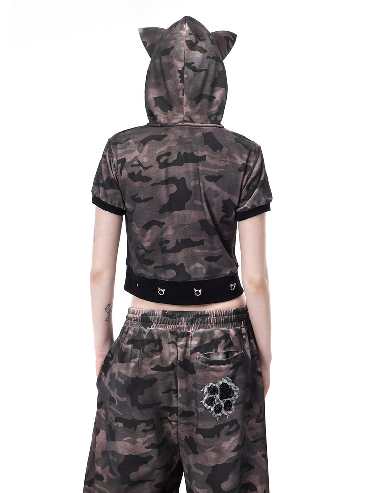 PINKSPINK CATPAW rhinestone curved-leg sweatpants in gray-brown camouflage — cropped rear outfit view of the pocket and paw motif with a separate hoodie
